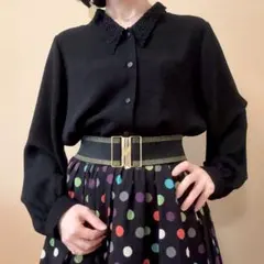 ヴィンテージ 昭和レトロ レース 刺繍襟 シャツ ブラウス 日本製 一点物 黒のサムネイル