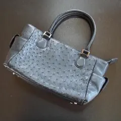 オーストリッチ レザー ハンドバッグ ショルダーバッグ ブラック シルバー金具