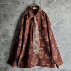【ネクタイシャツ】古着 総柄 花柄 白 赤茶 ブラウン レトロ
