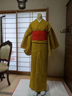 着物 黄色と赤のチェック柄