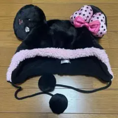ディズニー　ミニー　ファンキャップ　ピンク　ビジュー　リボン　ブラック
