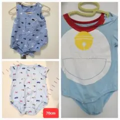 美品　3枚セット　60-70cm　半袖ロンパース　夏服　　青　水色　車　クジラ