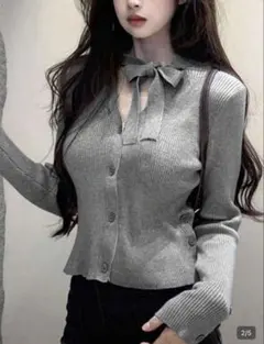 リボン付きグレーリブ編みカーディガン 韓国 ワンホン ニット 春服