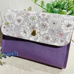 ＊花柄じゃばらマルチポーチ通帳お薬・母子手帳スマホ入れ　仕切有　01ラベンダー
