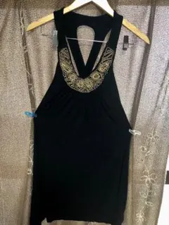ドレス、ビーズ刺繍 黒 ノースリーブチュニック