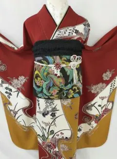 Vintage■振袖7点セット帯新品帯締め帯揚げフルセット成人式UA26 正絹良好□ヴィンテージ振袖7点セット帯新品帯締め帯揚げフルセット
