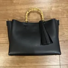 バンブーハンドル　ハンドバッグショルダーバッグ2wayブラック　タッセル付き