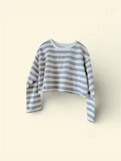グレーとホワイトのストライプ長袖Tシャツ　着丈短め