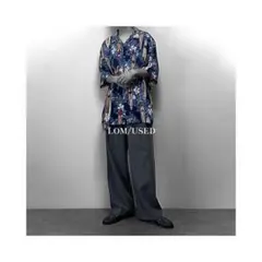 L 半袖 ブルー 青 サーフボード柄 レーヨン 開襟 アロハシャツ 古着 メンズ