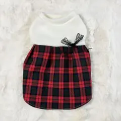 犬服 Mサイズ ホワイト×レッド チェックワンピース 犬服ハンドメイド ペット服