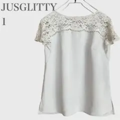 ジャスグリッティー　レース切替ブラウス　フレンチスリーブ　ライトグレー　S