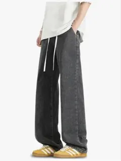 ワイドデニムパンツ ジーンズ ルーズシルエット ウエストゴム L ダークグレー