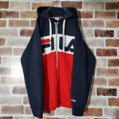 古着 FILA ビッグロゴパーカー トリコロールカラー 太アーム ゆるだぼ L