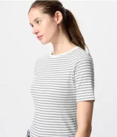 値下げ！UNIQLO リブボートネックT Sサイズ　５分袖ボーダー　オフホワイト
