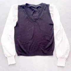 ニットベスト風 ブラウス 白 ホワイト ブラック 黒 長袖 シースルー Vネック