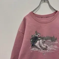 US古着 ノーブランド スウェット スケート靴 冬景色 雪道 裏起毛 薄ピンク