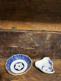 骨董 古伊万里 有田焼 京焼 半月型 縁起図案 月兎 三ツ脚付 豆鉢 豆皿