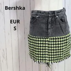 Bershka☆ミニスカート　EUR S　千鳥格子　デニム切替　フリンジのサムネイル