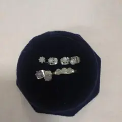 天然石のピアス　3セット　ワイヤーピンキーリング　シルバーカラー