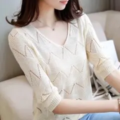 新品 レース透かし編み五分袖Vネックセーター サマーニット 涼しい 春夏