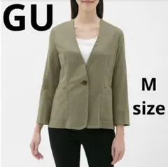 GU リネンブレンドノーカラージャケット オリーブ　カーキ　211-313911
