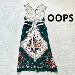 【OOPS】M ノースリーブワンピース 膝丈　透け感　夏　花柄　グリーン