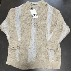 ZARA ベージュ/ホワイト コントラストニットセーター S 新品未使用タグ付き