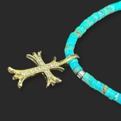 ターコイズビーズ ベビーファットゴールド クロスネックレス