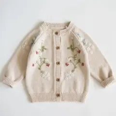 130｜コットン100% イチゴ 手刺繍 カーディガン アイボリー 美品