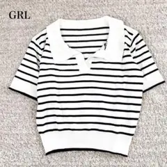 GRL 襟付きニット クロップド丈 スキッパーネック ボーダー柄 カジュアル