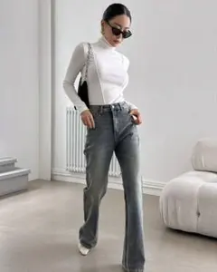 ハイウエスト フレアデニムパンツ グレー