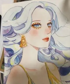水彩画 女性の肖像 イラスト　オリジナル　原画　ラメ　女の子