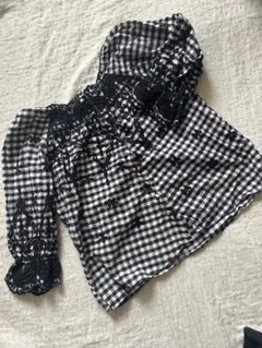 チェック柄レース五分袖ブラウス