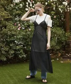 セットアップシアーキャミソールロングワンピースブラックホワイトTシャツワンピース