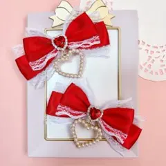 【ハンドメイド】赤色 リボン 白色レース ハート ヘアクリップ 量産型 地雷系