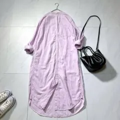 アーバンリサーチ バンドカラーシャツワンピース リネン混 薄ピンク マキシ丈 F