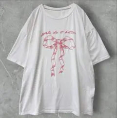 シーイン Tシャツ リボン 半袖 ビッグサイズ M（L～LL相当）白系