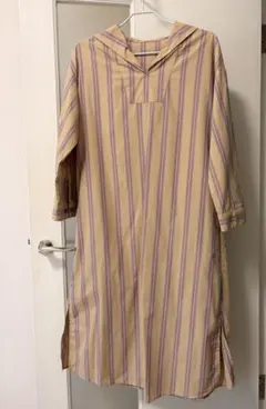 ベージュ×パープル ストライプ セーラーカラー ロングシャツワンピース