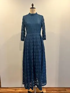 リーフモチーフハイネックロングワンピース・ドレス　ブルーグリーン　【洗濯機可能】