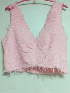 ZARA☆切りっぱなしvintage風ピンク ツイード ビスチェ Vネック