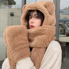 マフラー　フード付き　防寒　帽子　くま耳　ボア　可愛い　フードマフラー　男女兼用