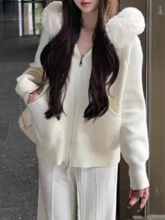 SHEIN フード　ファー付き　ニット　アウター アプリコット XL