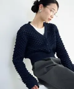 【極美品】Trish 透かし編みポコポコニットカーディガン ネイビー