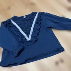 ネイビー 長袖カットソー フリル付き