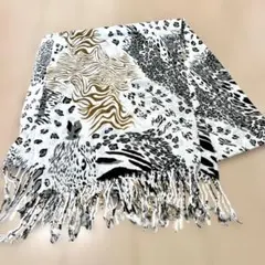フリンジストール グレー×モカ　ショール 大きめ アニマル ゼブラ ヒョウ柄