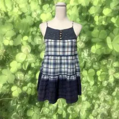 森ガール フェアリーグランジ ノースリーブ チェック柄チュニック ブルー