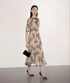 半袖花柄刺繍レースフロントバックリボンパフスリーブマーメイドロングワンピース