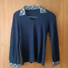 ニューヨーカー ネイビー チェック襟 長袖セーター