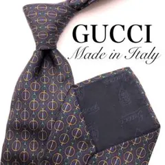 【美品】GUCCI ネクタイ 小紋柄 総柄 ネイビー グリーン ロゴ入り