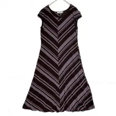 Marute フレンチスリーブ ストライプワンピース　薄手　黒 紫　38 / M